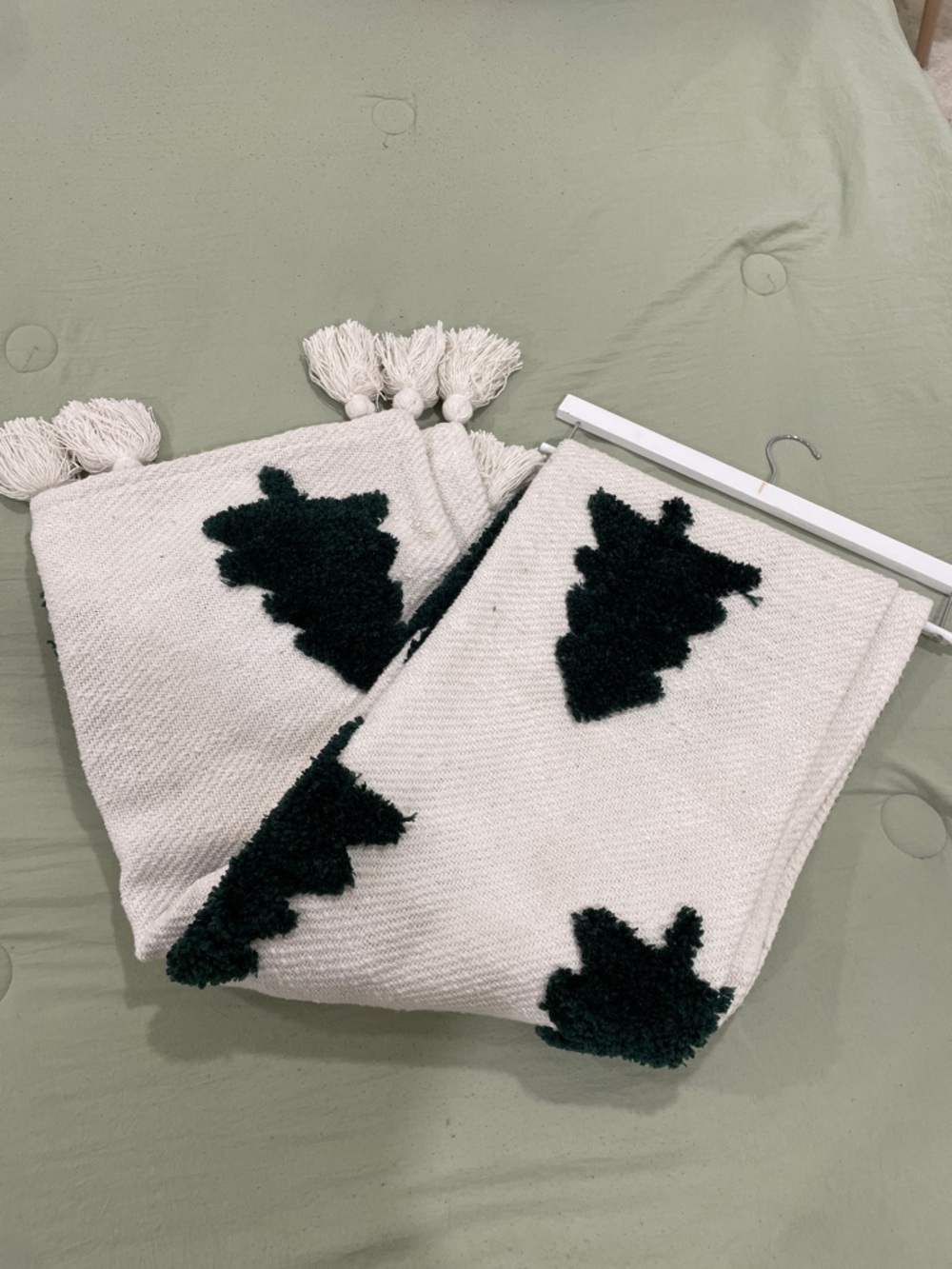 Rachel Zoe Cream Throw Blanket with Green Christmas Trees